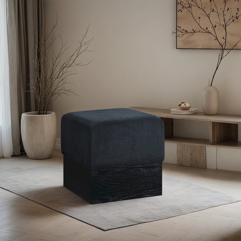 Havre Black Velour Fur Fabric Ottoman/Stool
