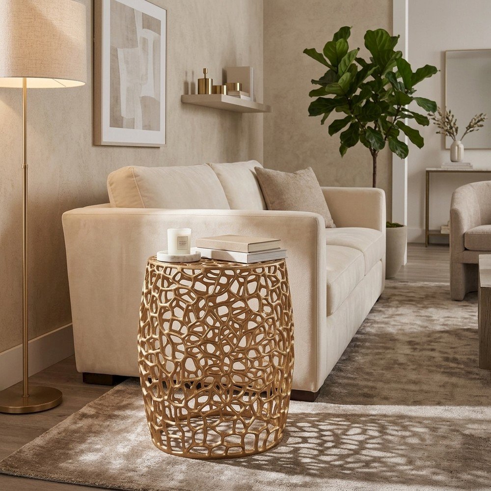 Aluminum Small End Table with Solid Base, Modern Metal Side Table, Gold
