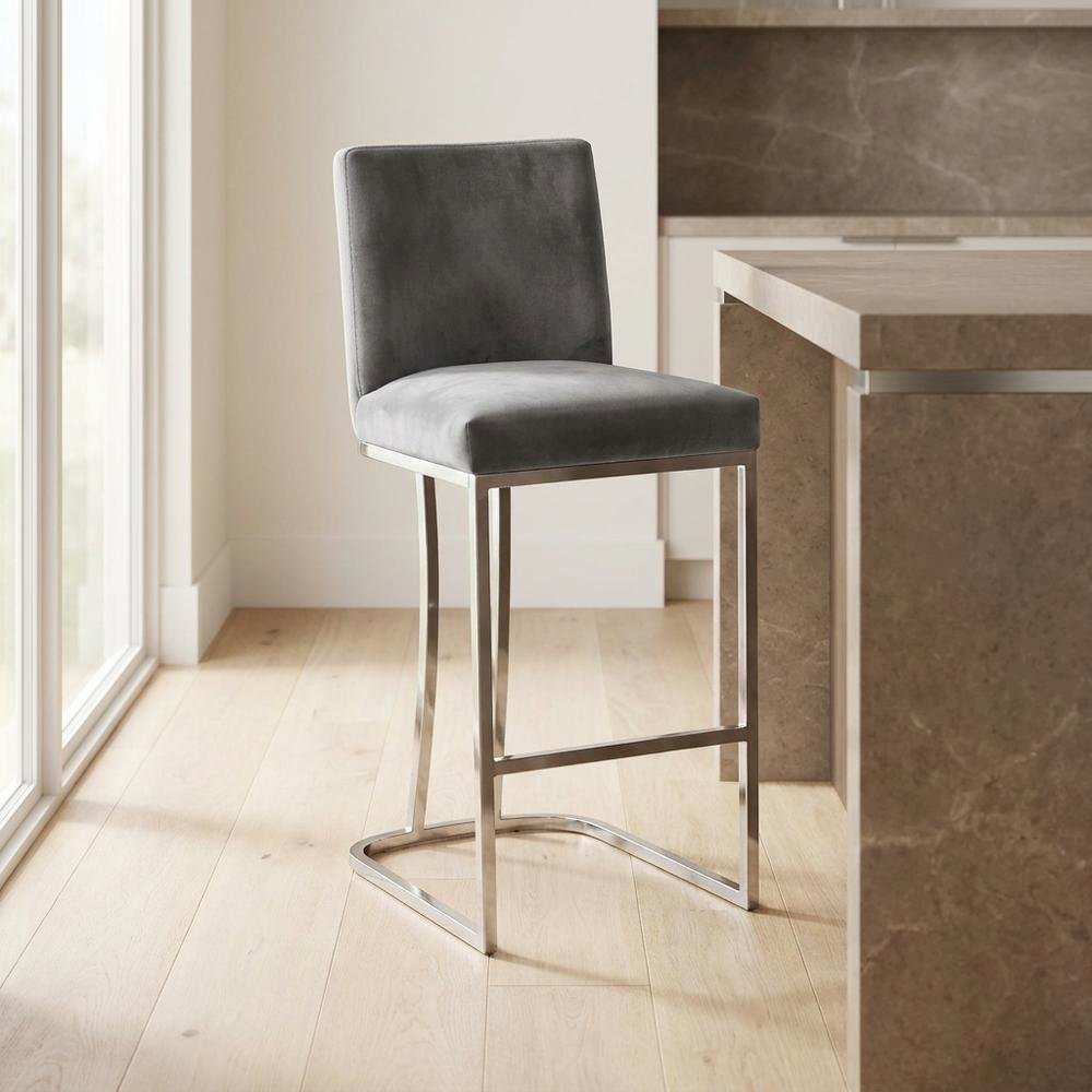 Velvet Contemporary Counter Stool, Chrome Legs, Grey Velvet