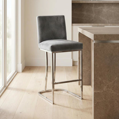 Velvet Contemporary Counter Stool, Chrome Legs, Grey Velvet