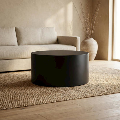 Contemporary Matte Black Coffee Table with Drum Legs and Modern Style