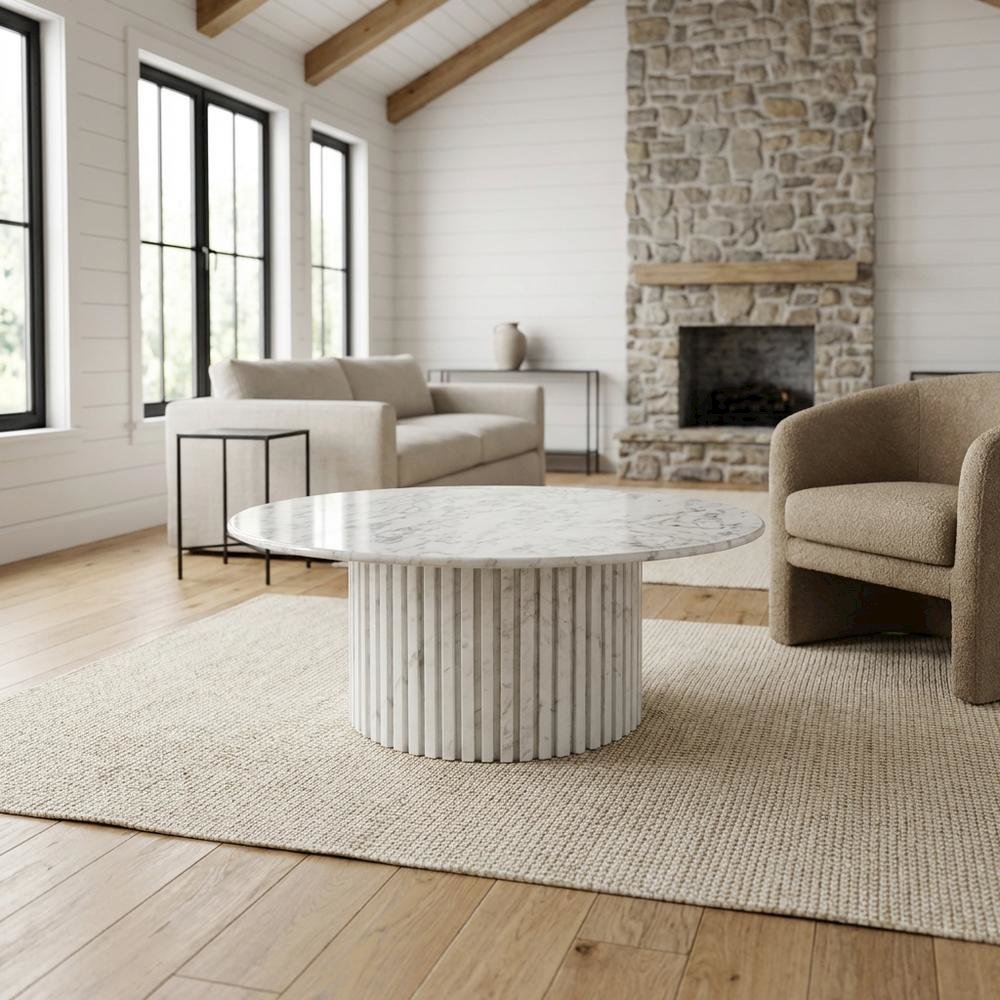 White Art Deco Coffee Table with Pedestal Base for Living Room