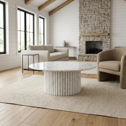 White Art Deco Coffee Table with Pedestal Base for Living Room