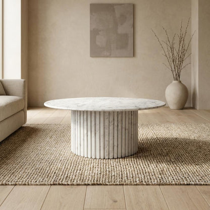 White Art Deco Coffee Table with Pedestal Base for Living Room
