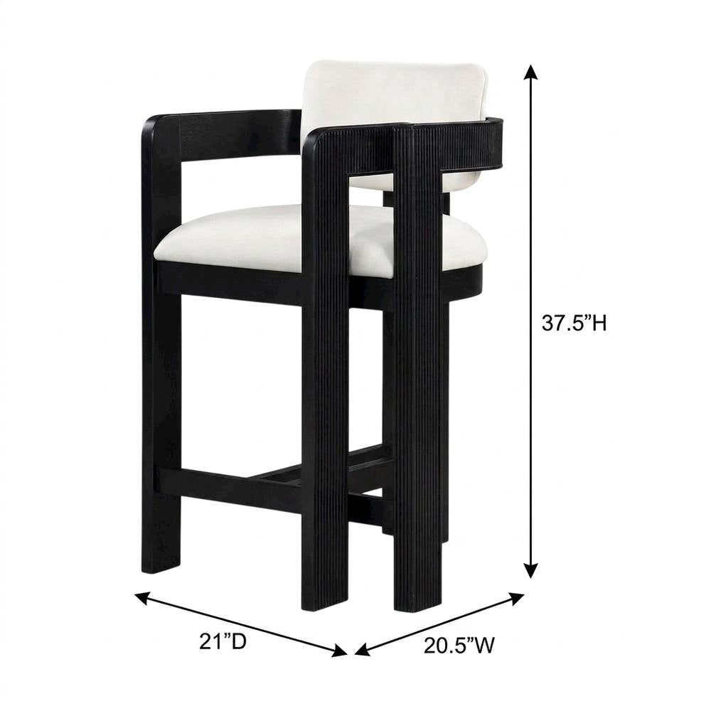 Velvet Art Deco Counter Stool, Low Back, Rubberwood Legs, Cream Velvet