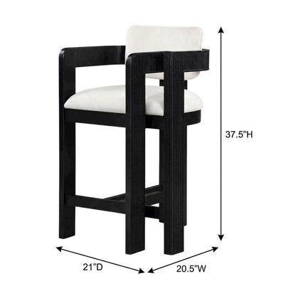 Velvet Art Deco Counter Stool, Low Back, Rubberwood Legs, Cream Velvet