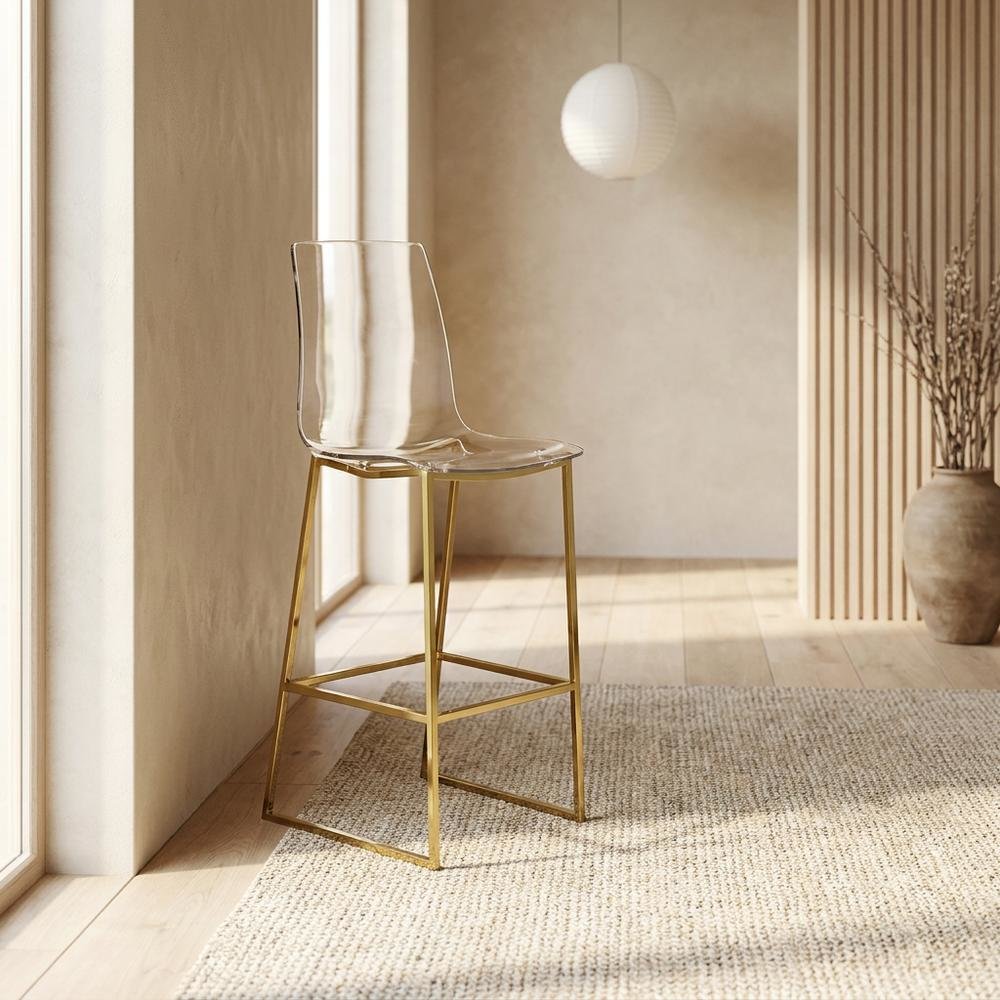 Lucite Polycarbonate Counter Stool with Gold Metal Frame