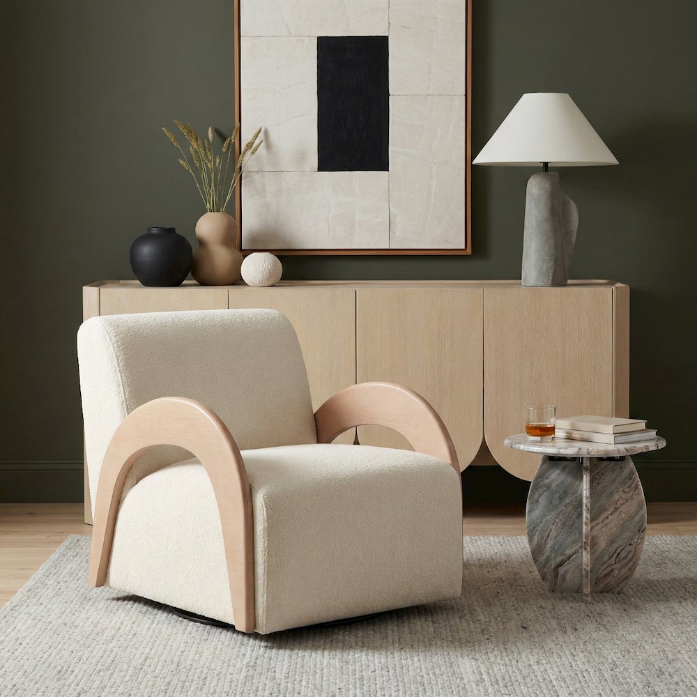 Neria Cream Chenille Fabric Upholstered Swivel Accent Chair
