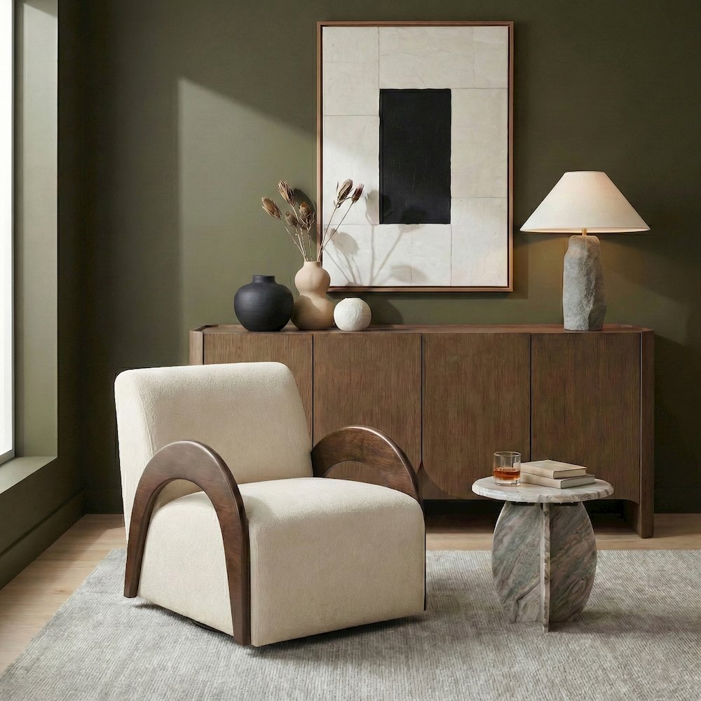 Neria Cream Chenille Fabric Upholstered Swivel Accent Chair