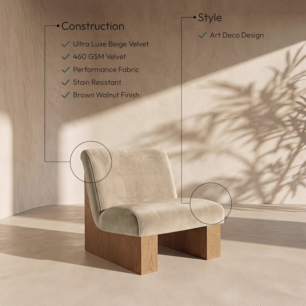 Vantage Beige Velvet Performance Fabric Upholstered Accent Chair
