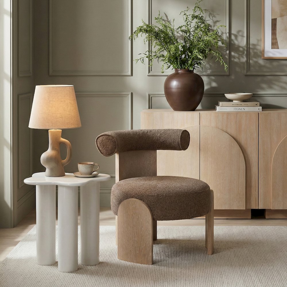 Calder Brown Linen Textured Fabric Upholstered Accent Chair