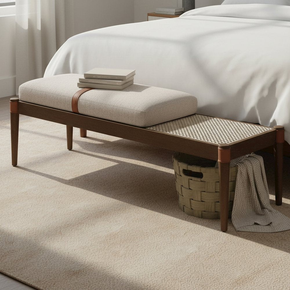 Nara Beige Linen Textured Fabric Upholstered Bench