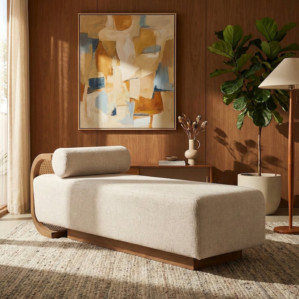Zephyr Beige Linen Textured Fabric Upholstered Chaise