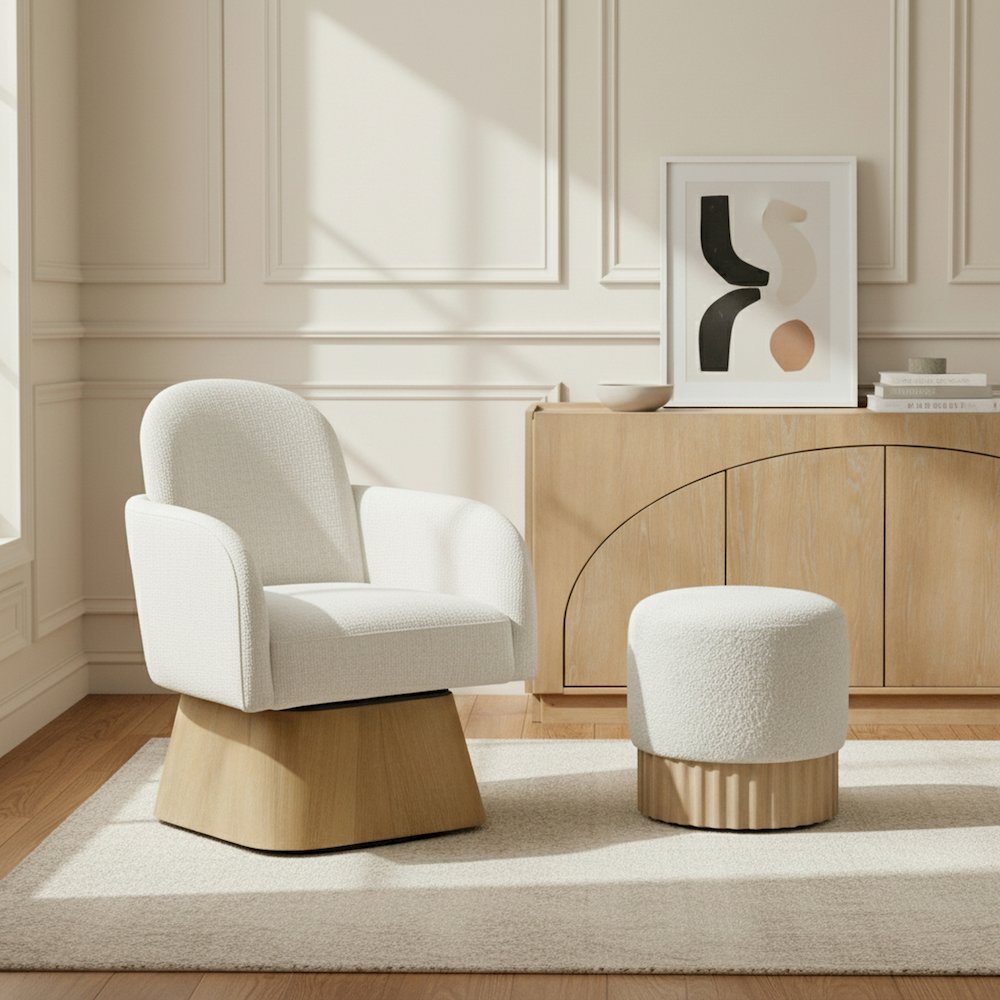 Marlowe Cream Linen Textured Fabric Upholstered Swivel Accent Chair
