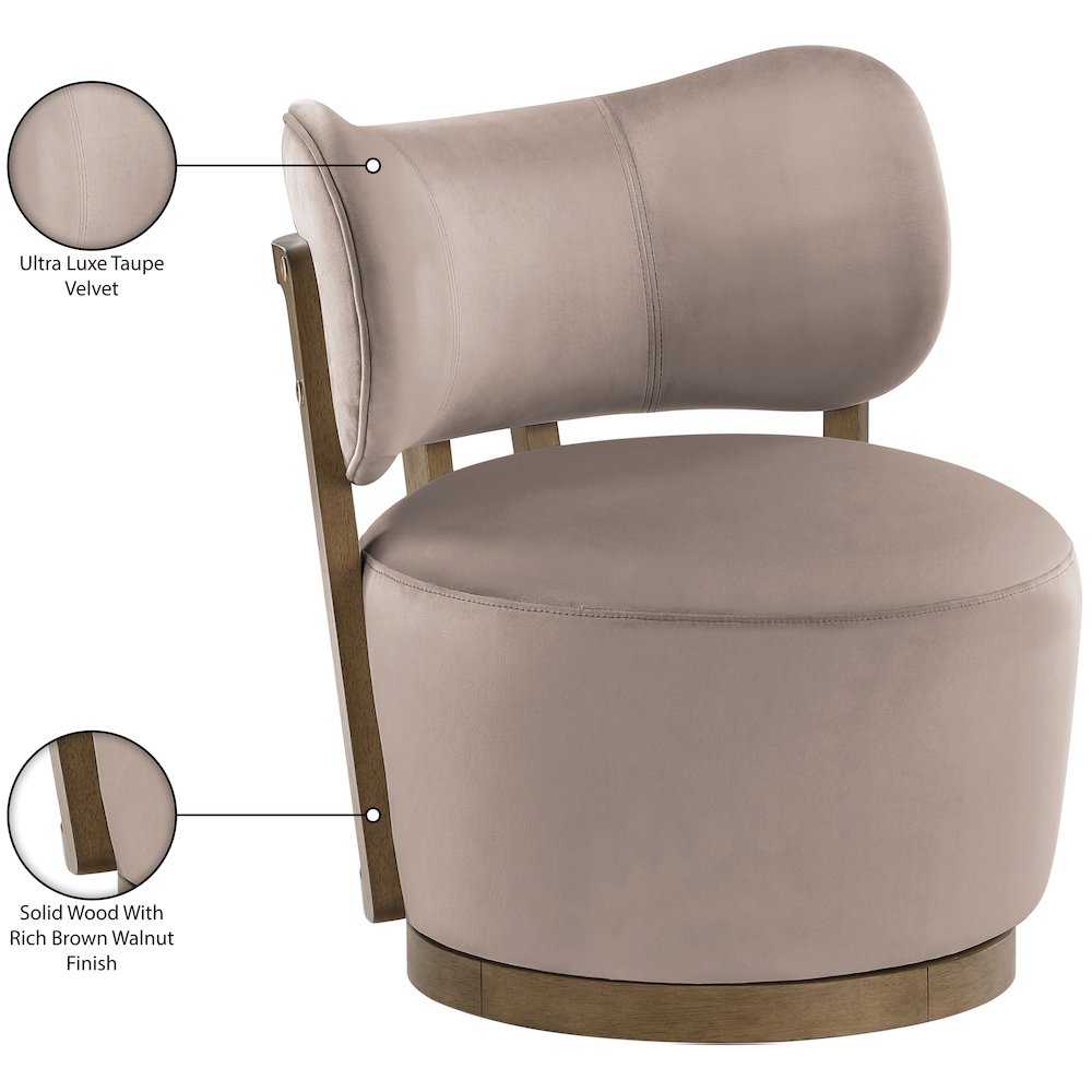 Elara Taupe Velvet Upholstered Swivel Accent Chair