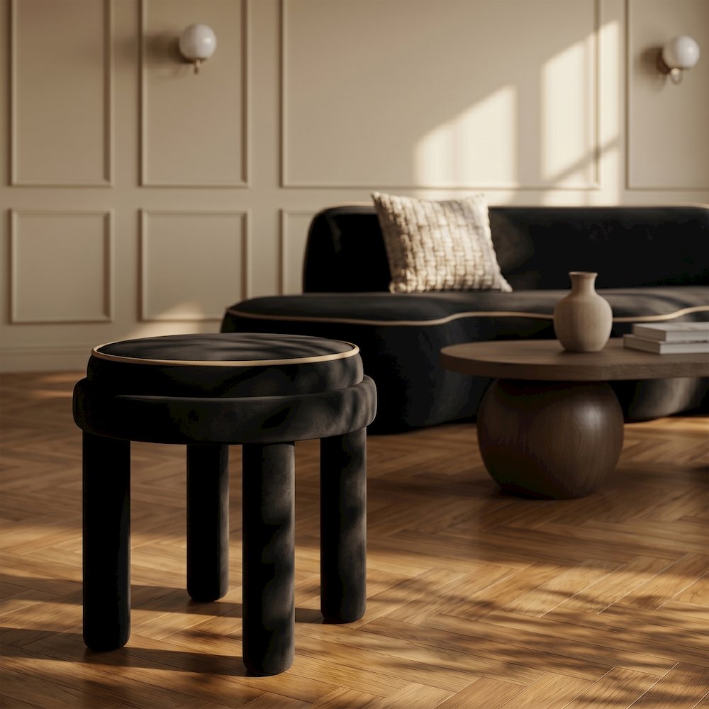 Velin Black Velvet Upholstered Ottoman / Stool