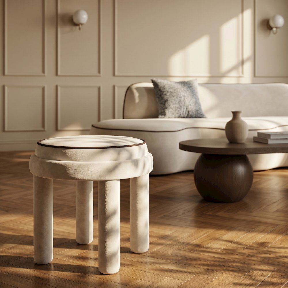 Velin Cream Velvet Upholstered Ottoman / Stool