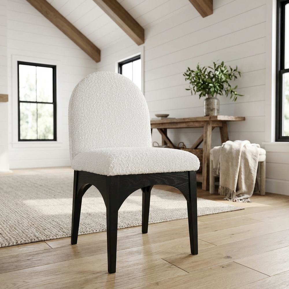 Black Boucle Fabric Dining Chair with Art Deco Style and Cushioned Seat