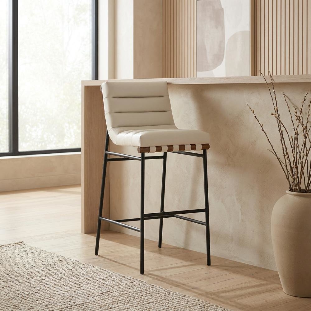 Vegan Leather Bar Stool, Iron Frame, Contemporary, Cream Vegan Leather