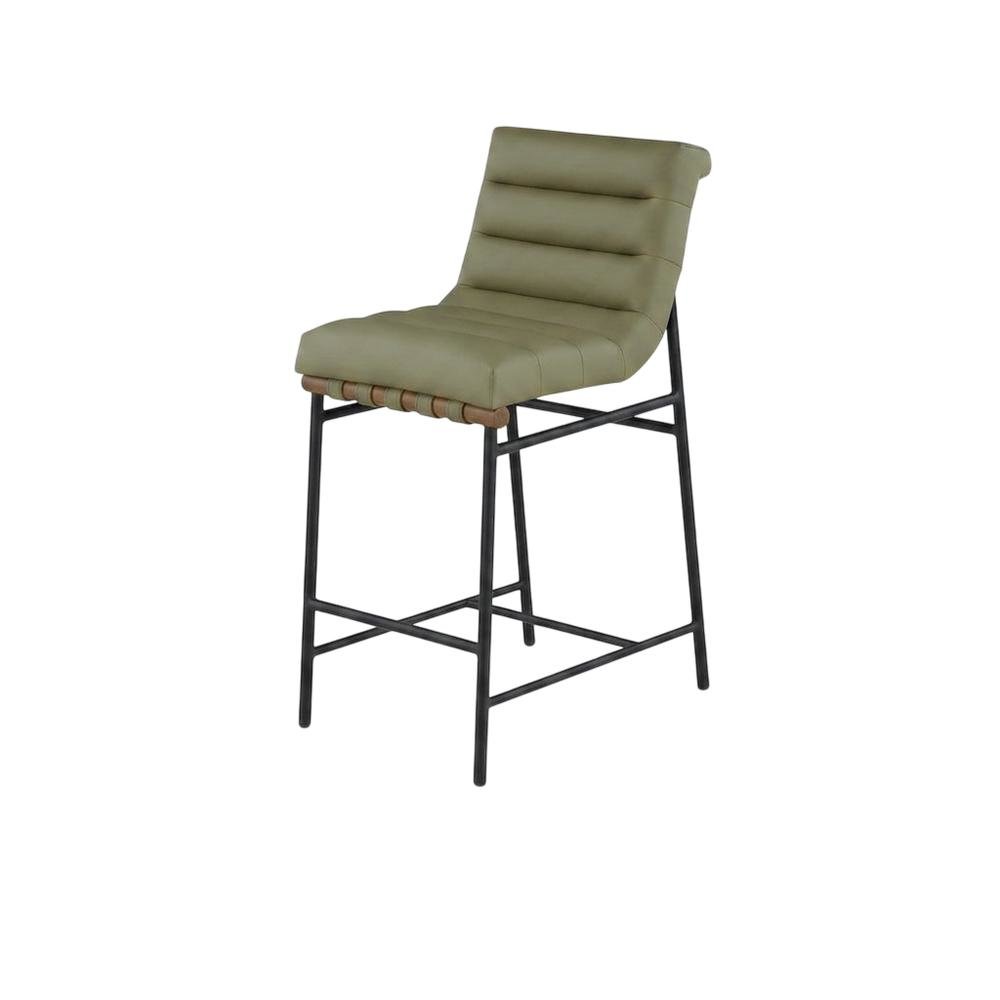 Vegan Leather & Boucle Counter Stool for Bar, Green Vegan Leather