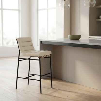 Vegan Leather Bar Stool, Iron Frame, Contemporary, Cream Vegan Leather