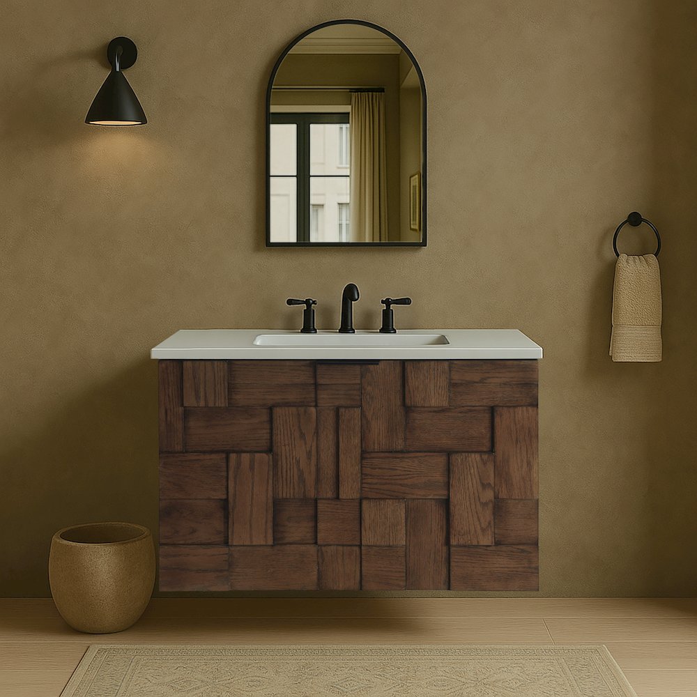 Leonardo 30" Brown Engineered Stone And Solid Wood Wall Mounted Bathroom Vanity