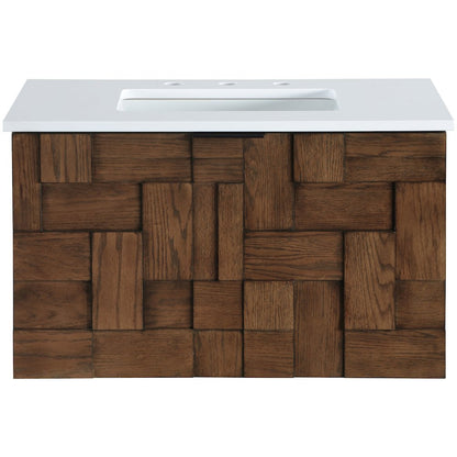 Leonardo 30" Brown Engineered Stone And Solid Wood Wall Mounted Bathroom Vanity