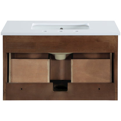 Leonardo 30" Brown Engineered Stone And Solid Wood Wall Mounted Bathroom Vanity