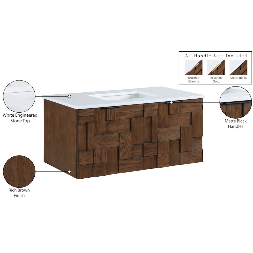 Leonardo 36" Brown Engineered Stone And Solid Wood Wall Mounted Bathroom Vanity