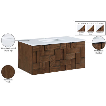Leonardo 36" Brown Engineered Stone And Solid Wood Wall Mounted Bathroom Vanity