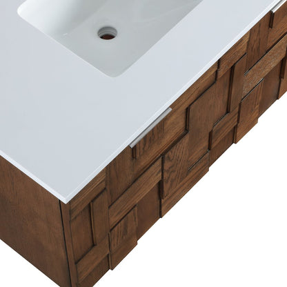 Leonardo 36" Brown Engineered Stone And Solid Wood Wall Mounted Bathroom Vanity