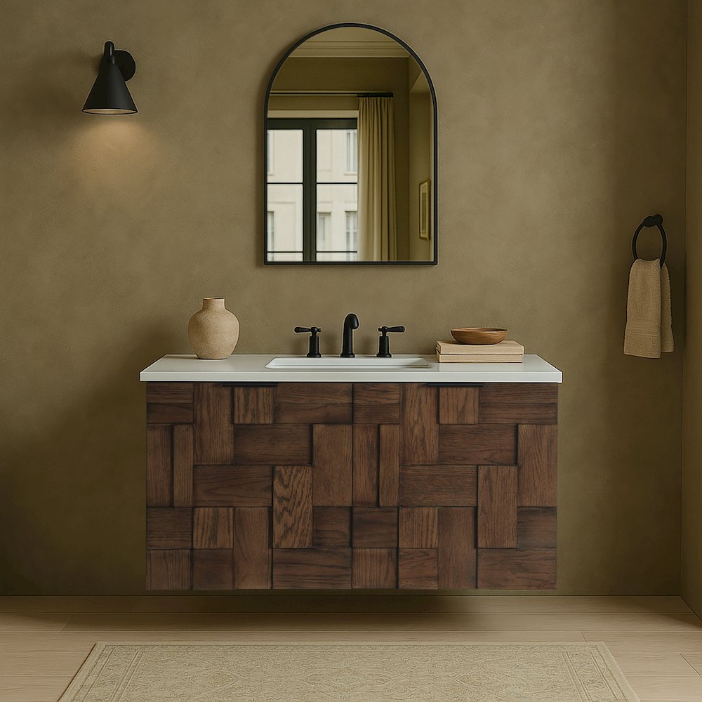 Leonardo 36" Brown Engineered Stone And Solid Wood Wall Mounted Bathroom Vanity
