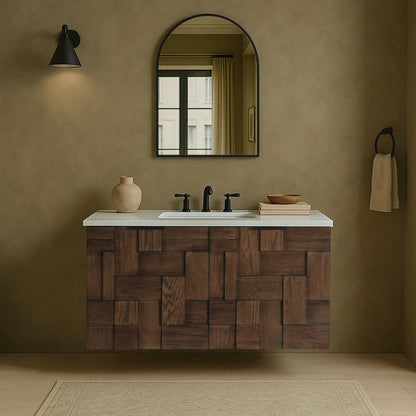Leonardo 36" Brown Engineered Stone And Solid Wood Wall Mounted Bathroom Vanity