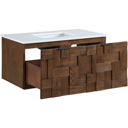 Leonardo 36" Brown Engineered Stone And Solid Wood Wall Mounted Bathroom Vanity