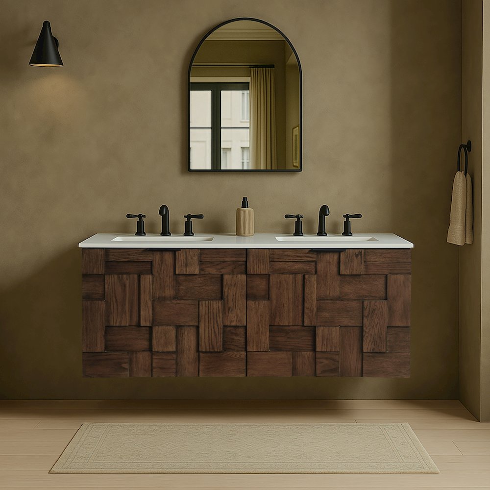 Leonardo 48" Brown Engineered Stone And Solid Wood Wall Mounted Bathroom Vanity