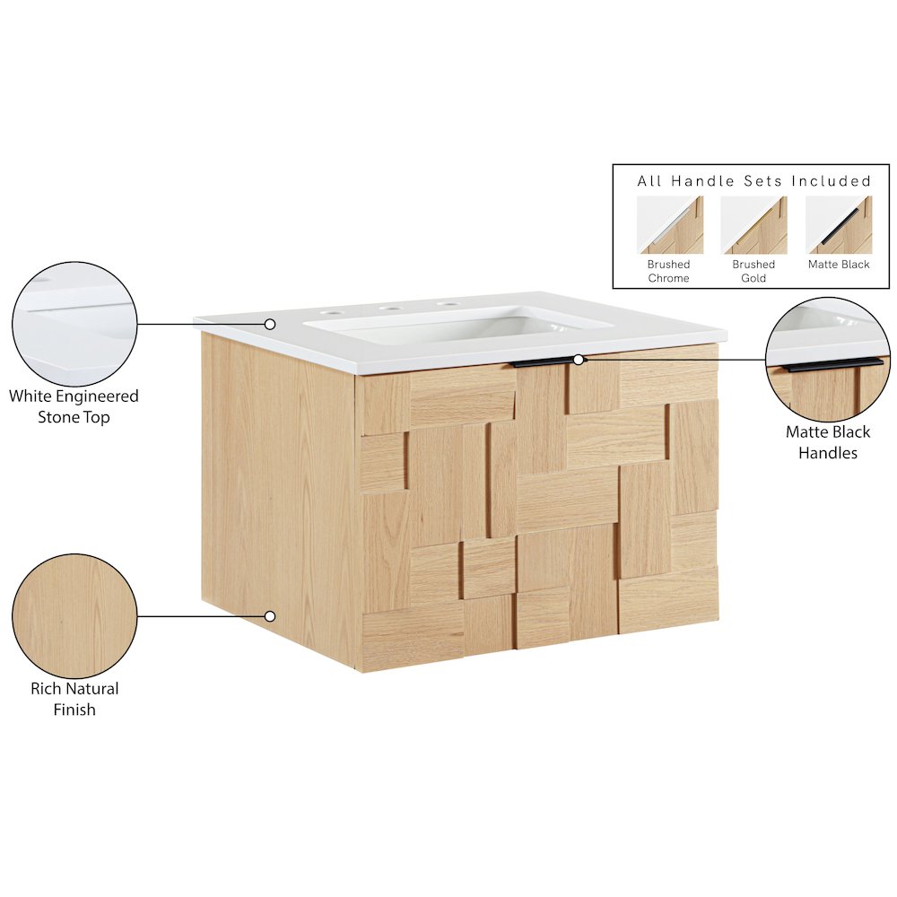 Leonardo 24" Natural Engineered Stone And Wood Wall Mounted Bathroom Vanity