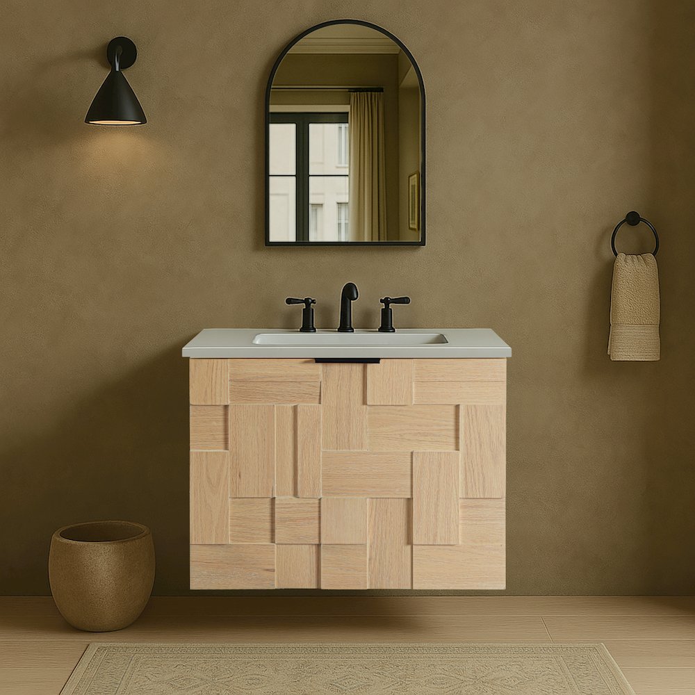Leonardo 24" Natural Engineered Stone And Wood Wall Mounted Bathroom Vanity
