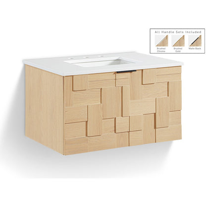 Leonardo 30" Natural Engineered Stone And Wood Wall Mounted Bathroom Vanity