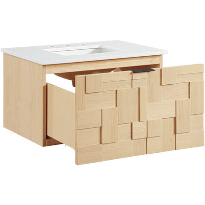 Leonardo 30" Natural Engineered Stone And Wood Wall Mounted Bathroom Vanity