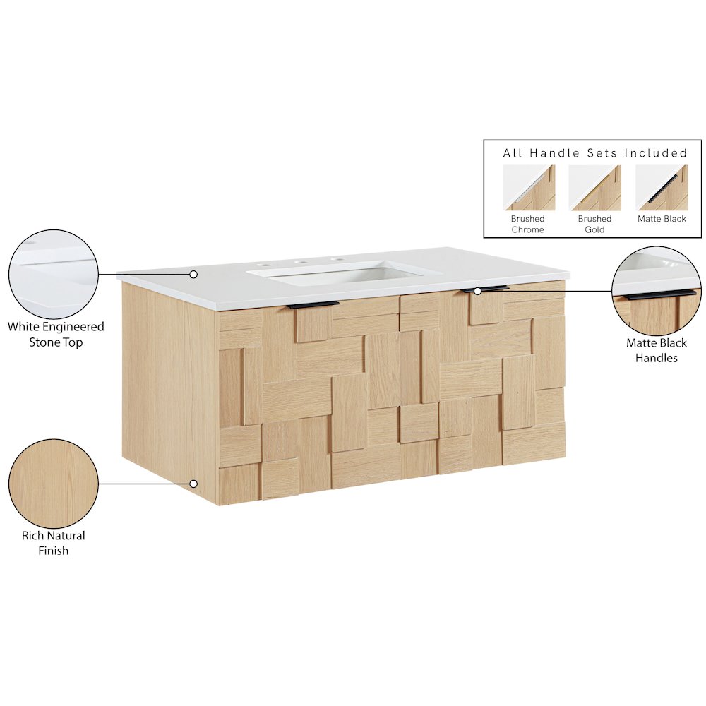 Leonardo 36" Natural Engineered Stone And Wood Wall Mounted Bathroom Vanity