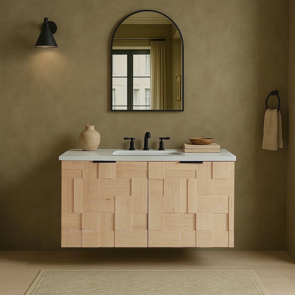 Leonardo 36" Natural Engineered Stone And Wood Wall Mounted Bathroom Vanity