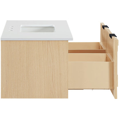 Leonardo 36" Natural Engineered Stone And Wood Wall Mounted Bathroom Vanity