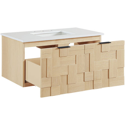 Leonardo 36" Natural Engineered Stone And Wood Wall Mounted Bathroom Vanity