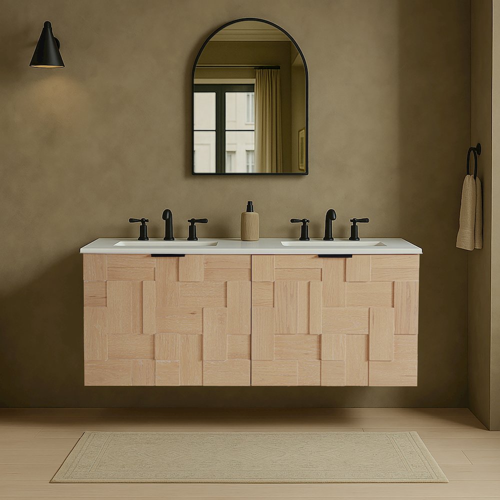 Leonardo 48" Natural Engineered Stone And Wood Wall Mounted Bathroom Vanity