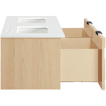 Leonardo 48" Natural Engineered Stone And Wood Wall Mounted Bathroom Vanity