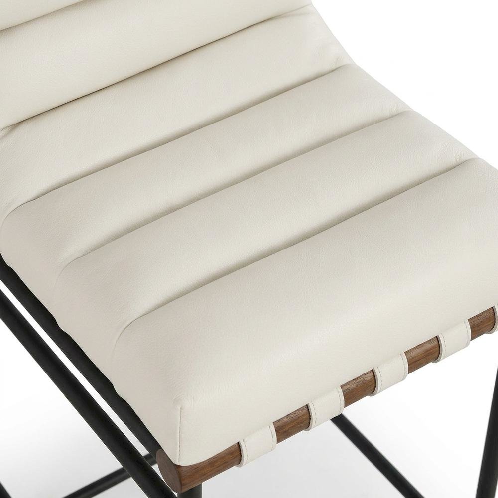 Vegan Leather Bar Stool, Iron Frame, Contemporary, Cream Vegan Leather