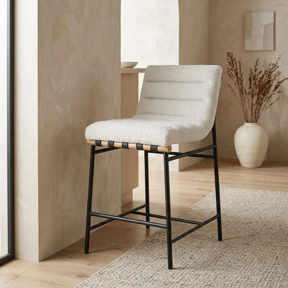 Vegan Leather & Boucle Counter Stool for Bar, Cream Boucle Fabric