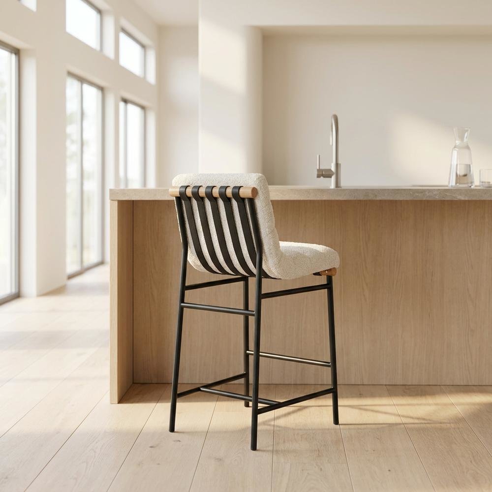 Vegan Leather & Boucle Counter Stool for Bar, Cream Boucle Fabric