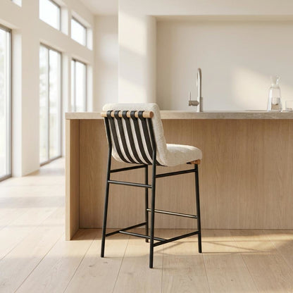 Vegan Leather & Boucle Counter Stool for Bar, Cream Boucle Fabric