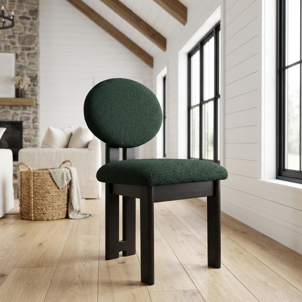 Black Boucle Fabric Dining Chair Set of 2 with Mid-Century Modern Design